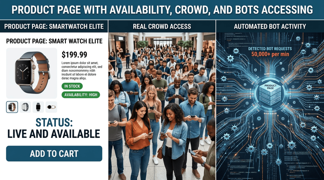 Smartwatch product page with item details and availability, crowd of people using smartphones, and graphic showing high-volume bot requests reaching 50,000 per minute accessing the product page