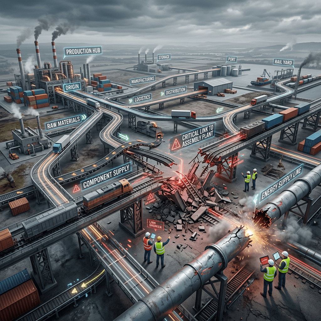 Industrial network labeled PRODUCTION HUB, ORIGIN, RAW MATERIALS, COMPONENT SUPPLY, LOGISTICS, MANUFACTURING, DISTRIBUTION, STORAGE, PORT, RAIL YARD, CRITICAL LINK TO ASSEMBLY PLANT, and ENERGY SUPPLY LINE, with a broken pipeline and damaged rail bridge.